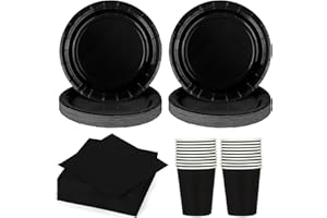 LOEPENLE 60 Stück Schwarz Partygeschirr Set,Pappteller Schwarz für Geburtstag Party Geschirr Set Party Geschirr Enthalten Pappteller,Servietten,Pappbecher für 20 Gäste