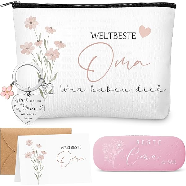 Geschenkset Für Oma - Kosmetiktasche & Schlüsselanhänger Mit Blume, Personalisiert & Liebevoll Verpackt