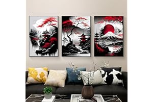 IUNTWEIE Poster de paysage japonais, temple japonais en automne noir et blanc, décoration murale pour le salon, sans cadre A, 40 x 60 cm x 3