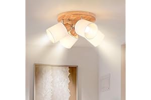 Doughelec Lámpara de Techo 4 Focos Orientable Redonda, Madera Plafones de Techo E14 Plafón Foco de techo Retro Aplique Pared Interior Giratorios Para Cocina Pasillos Salón Dormitorios, Sin Bombilla