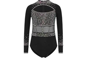 Yruioon Mädchen Turnanzug Glitzer Langarm Gymnastikanzug Strass Glänzend Eiskunstlauf Body Overall Sportbody Wettbewerb Tanzkostüm