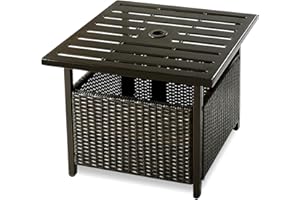 CASART Rattan Side Table with Umbrella Hole, Steel Top Patio Bistro Coffee Snack Table, Outdoor Furniture Wicker Square Dining End Table for Garden, Deck, Backyard and Poolside (55.5 x 55.5 x 46cm)