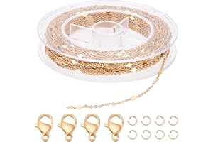 Beebeecraft Cadenas de Eslabones de Rombos Chapados En Oro de 33K de 18 pie con 20 Cierres de Pinza de Langosta Y 50 Anillos de Salto para la Fabricación de Collares, Pendientes Y Pulseras