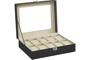 SONGMICS Boîte à Montres à 10 Emplacements, Coffret à Montres, Couvercle en Verre, Serrure en Métal, Revêtement en Noir et Doublure en Beige Verdâtre JWB010