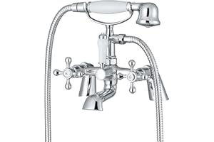 ENKI, Beaumont, BBT0257, Chrome, Bath Shower Mixer Taps & Shower Attachment, Solid Brass, Cross Handle, Traditional Design, Compression Valves, Easy to Install