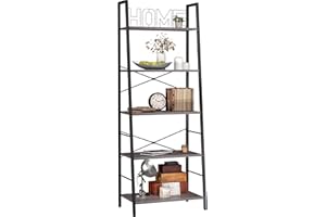 Yusong Bookshelf, Ladder Shelf 5-Tier Bookcase for Bedroom, Industrial Book Shelves Storage Rack with Metal Frame for Home Office, Gray Oak