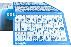 Bashtastic Lot de 102 grandes cartes de bingo découpées – Grandes cartes de bingo réutilisables, numérotées et différentes les unes des autres | Bingo 90 boules bleues