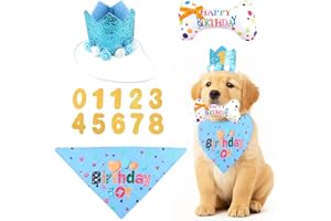 shallyong Set Compleanno Cane, 4 Pezzi Decorazioni Festa di Cappellino per Cani con Cappello, Bandana, Giocattolo a Forma di Osso & Numeri, Regalo Cane Compleanno per Cani Maschi e Femmine (Blu)