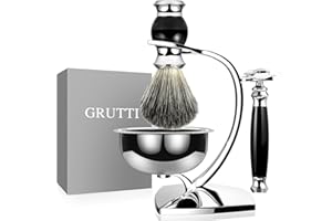 GRUTTI Set di pennelli da barba Premium con portaspazzole in tasso e portaspazzole per sapone e set da barba manuale per regalo da uomo