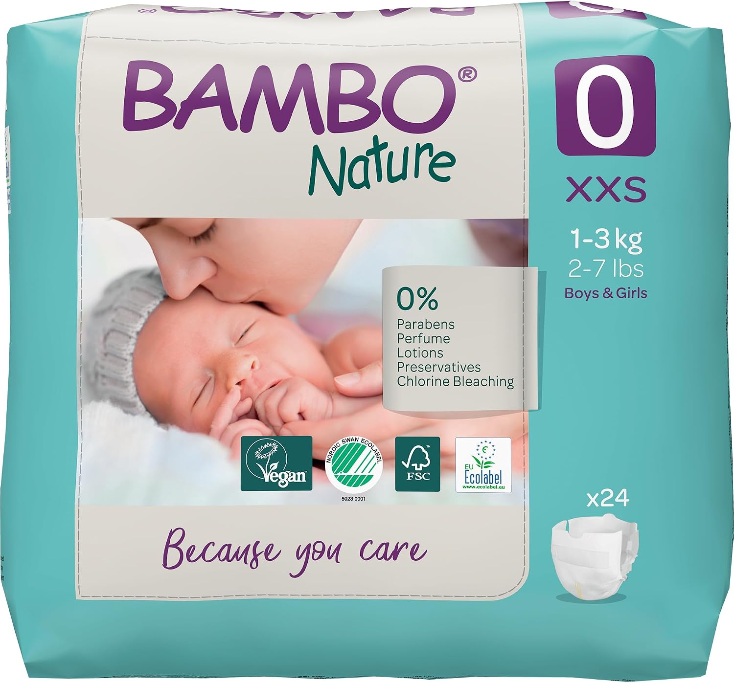 Bambo Nature Premium Eco Nappies, Premature Size 0 (2-7lb/1-3kg), XXS, Pack of 24, Eco-Labelled Nappies, Enhanced Leakage Protection, Secure and Comfortable Baby Nappy