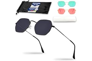 Netrox - Occhiali da sole angolare in stile retrò con montatura in metallo - custodia e astuccio in microfibra - 3 colori - Protezione UV400, vintage, uomo donna, lenti a specchio, sole, rotondi, nero