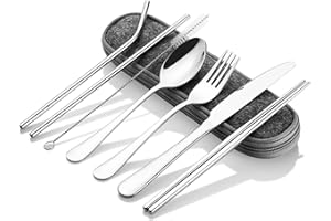 Powmag Cubiertos Acero Inoxidabl,Cuberterias Completas Modernas, Juego de Cubiertos, 8 piezas Juego de Cubiertos Acero Inoxidable, talheres juego, Cubertería de Cámping (plata)