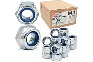 Dadi Autobloccanti M4 DIN 985, 1 kg (≈1000 pz), Acciaio Zincato, Esagonali con Anello in Nylon Blu, Dadi di Sicurezza e di Bloccaggio Autobloccante M4 per Bulloni e Viti Lun Fix
