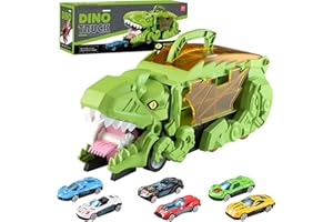 Balakaka Camion dei Dinosauri Transporter Truck Macchinine, Dinosauro Macchinine Giocattolo con 6 Auto da Corsa, Portatile Dinosauro Giocattolo Regalo Bimbo 3-8 Anni,Verde