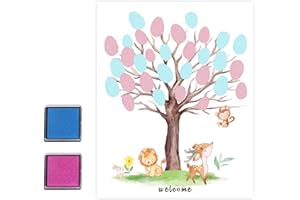 JIANGWON Gender Reveal Party Deko – Fingerabdruck Baum, Geschlechtsverkündung Baby, 1 Poster (30 x 42 cm), Pink & Blau Stempelkissen, Klebepunkte – Babyparty & Gender Reveal Geschenk (Aufkleber)