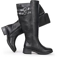 Chicblooms Damesrijlaarzen met extra brede schacht, lage hak, enkelbandjes, slank design, kniehoge laarzen, bruin, 37 EU