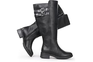 Chicblooms Damen-Stiefel mit extrabreitem Wadenabschnitt, Blockabsatz, gestapelter Schnalle, verstecktem Stretch, kniehoch