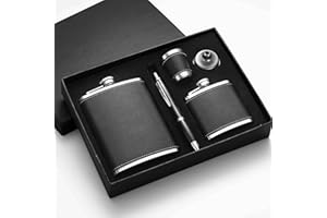 MEYUXG Fiaschetta da regalo, fiaschetta personalizzata, 8oz+3oz, fiaschetta nera in pelle con bicchiere da liquore in acciaio inox, penna firma, imbuto, regalo per la festa del papà