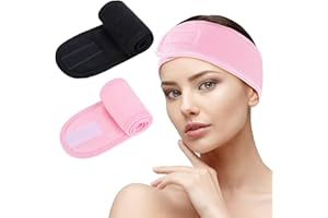 LADES Spa Facial Headband - 2 PCS Make Up Wrap Head shower Sport Terry Cloth Headband Adjustable Stretch Towel With Magic Tape (Black + Pink)