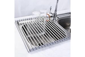 AIRUJIA Griglia Scolapiatti Arrotolabile, Pieghevole Sopra il Lavello, Portatile Multiuso da cucina, per Asciugare Ortofrutticolo, Espandibile Fino a 33x（28 - 50） cm, Grigio
