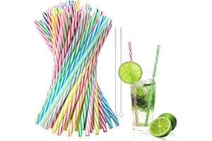BUKUHLIO 100 Stück Wiederverwendbare Plastik Strohhalme mit Strohhalmbürste – Harte Trinkhalme für Cocktails, Milchtee, Smoothies & Säfte – 21 cm lang, 6 mm breit
