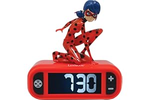 Lexibook Miraculous Biedronka Czarny Kot, Budzik Nocny, Biedronka Świetlna, Zegar, Budzik dla Chłopców i Dziewcząt, Drzemka, Czerwony, RL800MI, Jeden Rozmiar