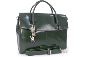Catwalk Collection Handbags - Women's Leather 17 Inch Padded Laptop Bag - Ladies Large Briefcase Work Bag - With Cross Body Strap - Helena - Green