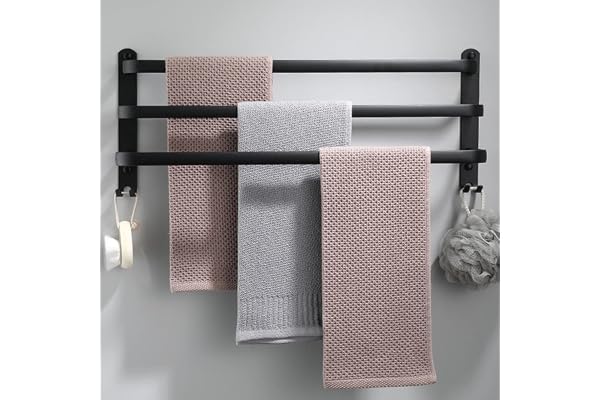 Porte-serviettes mural en aluminium - 3 étages - Avec crochets - 70 cm - Étanche - Noir - Pour salle de bain, cuisine, salle de bain