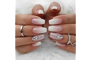 CEBOIC 24 Piezas Uñas Postizas Cuadradas Media, Francesas Rosa Blanco Gradient Uñas Falsas Artificiales con Brillantes Diseño, Acrílico Cubierta Completa Press on Nails para Mujeres Decoración Manicura