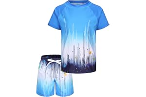 AISYEE Boys Rash Vest Kids Two Piece Swimming Costume with Board Shorts Short Sleeve Boys Swimsuit Set Age 5-16 Years
