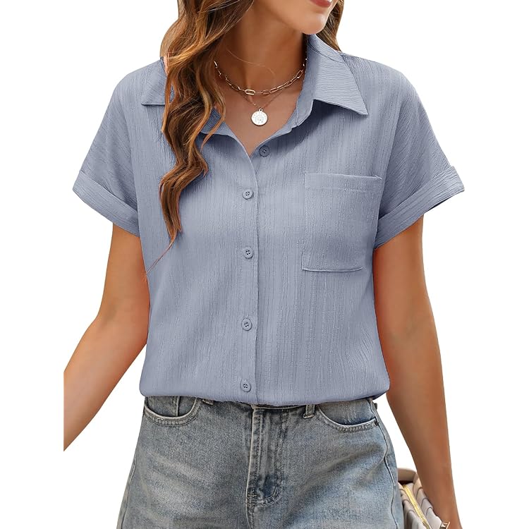 Robe Chemisier En Coton Mélangé à Manches Courtes Et Col En V Pour