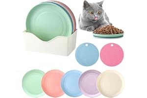 HOCUCHELAND 10 Stück Katzennapf Flach mit 2 Antirutsch Matte, Kreisförmige Futternapf Katze Flach mit Aufbewahrungsbasis, Bunt Katzen Napfset, Katzenteller Flach für Kätzchen und Kurzbeinige Katzen