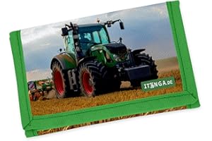 itenga Kinder Geldbörse - Geldbeutel und Brustbeutel - mit Klettverschluss, Kordelband, Geldscheinfach und Münzfach Sichtfenster für Mädchen und Jungen (Motiv Traktor im Feld)