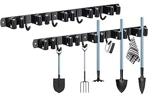 YOCOLE Colgador Escobas y Fregonas 2 Piezas, Soporte Escobas Pared Acero Inoxidable con Ganchos, Autoadhesivo o Perforado (Tornillos Incluidos) para Cocina, Baño, Garaje y Jardín, Color Negro