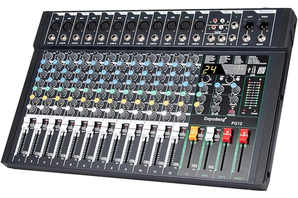 Depusheng FG12 Table de mixage audio professionnelle 12 canaux pour ordinateur Interface de contrôleur de son 24 effets DSP intégrés avec alimentation fantôme 48 V, MP3, Bluetooth