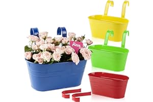 ABSDON 4Pcs Metal Hanging Flower Pots with Detachable Hook Colorful Plant Pot Wall Planter Bucket for Fence Balcony Garden Ornament Home Decor (A)