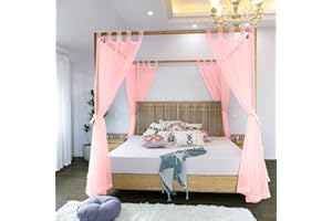 Linentalks Sheer Bed Curtains for King, Queen, Full & Twin Beds - 4 Corner Canopies & Drapes, Four Poster Bed Curtains - Pink