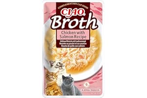 INABA Churu Broth - Caldo para Gatos - Snacks Receta Pollo y Salmón - Premios con Proteínas Animales - Sin Cereales, Conservantes, Colorantes - Sólo 16Cal - 40g