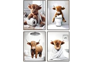 Dazzlewall 4Pcs Funny Highland Cow Bathroom Wall Art Posters, Rustic Farmhouse Cow Wall Art Prints for Toilet Bathroom Decor 8x10 in Unframed