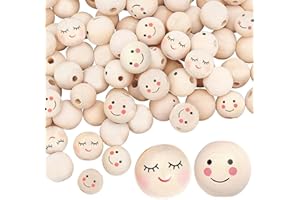 Moguri® 30 Stück Holzkugeln mit Loch und Gesicht 20 mm, lächelndes Gesicht errötender, Kopfkugeln aus Holz,Engelsköpfe, Naturholz, Bastelperlen für Makramee,Holzperlen