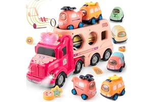 KADAYAYA Truck Toys for Girls Age 3-6 Pink Carrier Truck with Light Sound Friction Power Car Toys for Toddlers 3 4 5 6 Years Old Shape Sorter Truck Toy Gifts for Kids Age 3-7