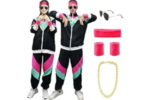 Pianocean 80er 90er Jahre Outfit Herren Damen, Vintage 80er 90er Trainingsanzug, Retro Kostüm Set mit Zubehör, Ballonseide Trainingsanzug für Karneval und Halloween Partie