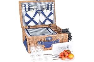 Les Jardins de la Comtesse - Fontainebleau wiklinowy kosz piknikowy - 4 osoby - izolowana chłodziarka / talerze ceramiczne/szklane kieliszki do wina - tkanina niebieskie pionowe paski - 50 x 36 x 22