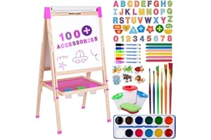 ‎BLUE SQUID Kunst Staffelei für Kinder mit 100+ Zubehör- Doppelseitige hölzerne Tafel für Kinder mit magnetischer Kreidetafel, abwischbarem Whiteboard & Papierrolle, Kindertafel mit Kreide und Magnet 3-4 4-8 9-12