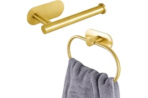 Soporte de Papel Higiénico/Anillo de Toalla Autoadhesivo, Eolax sin perforación Baño Dorado Accesorios de Hardware, Soporte de Papel y Toalla Adhesivo Acero Inoxidable, Montado en la Pared, 2 Piezas