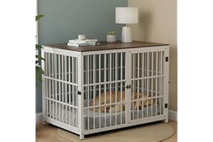 BINGOPAW Meuble Cage Chien Bois Intérieur: Table d’Appoint, Niche Moderne pour Chiens XXL, Maison pour Animaux Grande Taille - Meuble TV avec 3 Porte et Plateau Amovible, Blanc 107x71x81cm