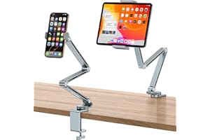 OMOTON Soporte para Tableta de Aluminio para Escritorio, Soporte para iPad Giratorio 360°, Soporte para Teléfono Ajustable para Cama con Brazo Estable, Compatible con Todos los Tabletas de hasta 12"