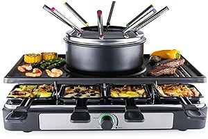 GOURMETmaxx Raclette 2 in 1 con fonduta, set raclette per 8 persone, ideale come barbecue per feste, combinazione di fonduta con 8 padelle, spatole, forchette per fonduta, raclette con set per fonduta
