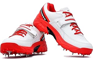 4 WITH QUIVE Sega Reach Performance Cricket Shoes Metal Spikes Cricket Boots for Men Grey & Red Sports Training Outdoor Sneakers Optimal Traction Comfortable Fit Shock Absorption Breathability