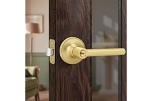 Gaurqiah Brushed Gold Keyed Entry Door Handle, Round Design Door Lever with Keys, Reversible Door Lever for Entrance Front Bedroom, Satin Brass